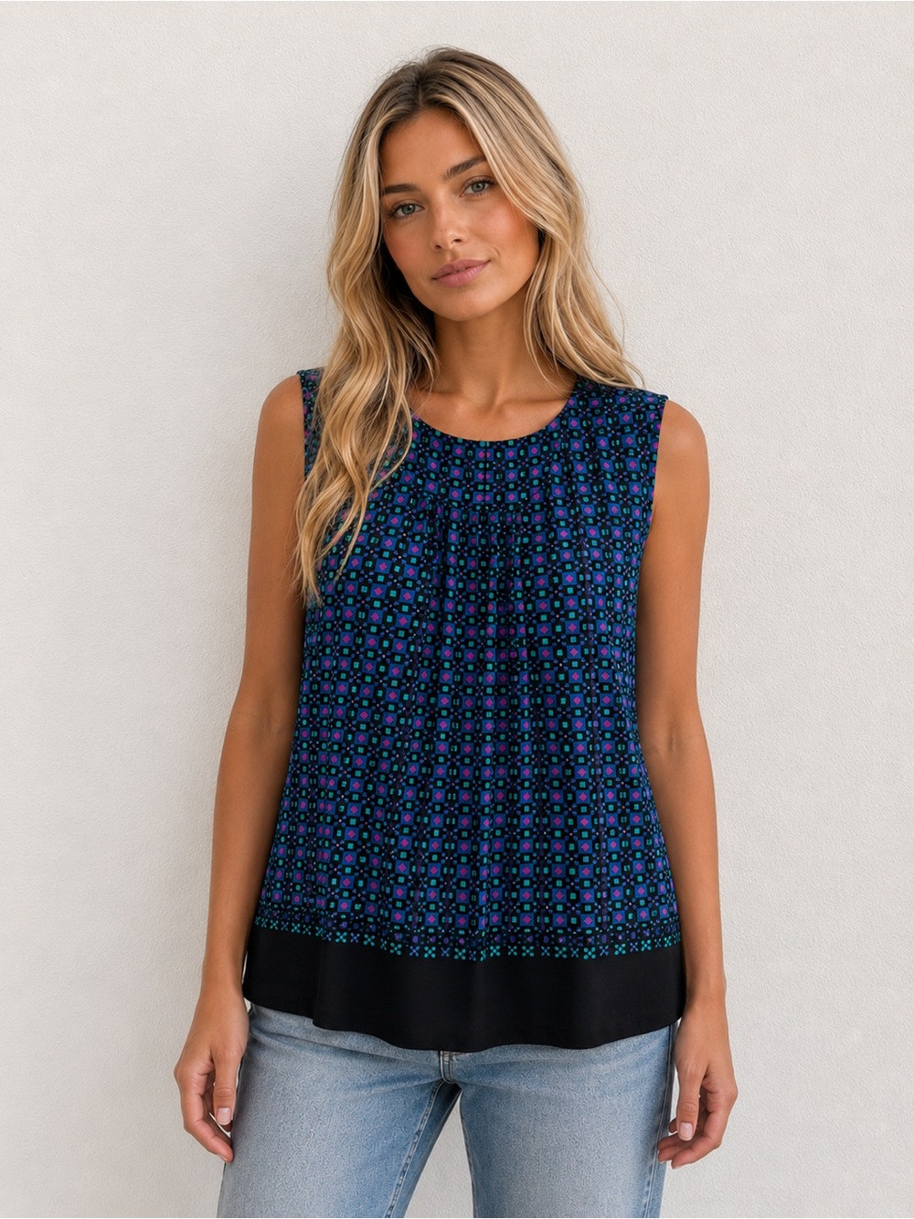 Calvin Klein Navy Floral-Print Pleated Sleeveless Camisole